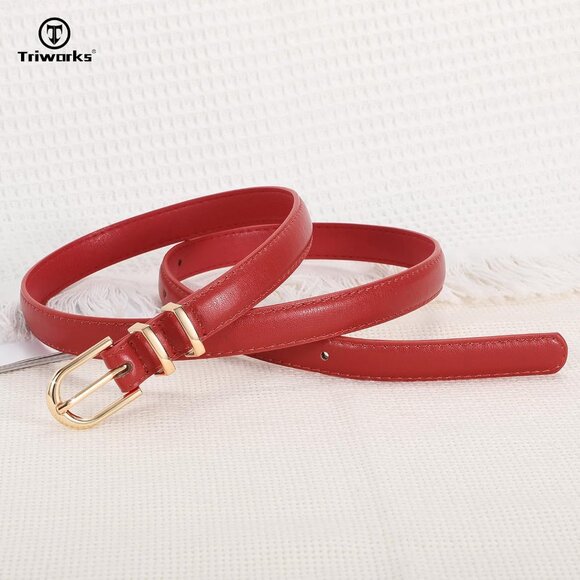 2 Pack Women's Skinny Leather Belts Black Red Thin Faux with Gold Buckle - Picture 6 of 6